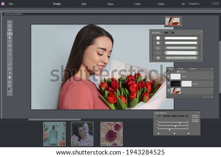 Professional photo editor application. Image of woman with red tulips