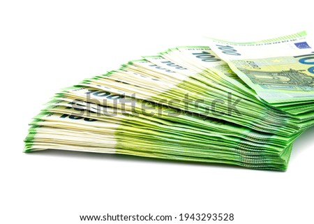 Macro shot of the European Union 100 EURO banknote, banknotes arranged in a fan, isolated on a white background.