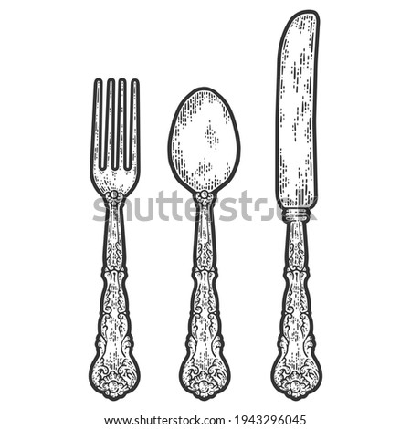 Vintage cutlery set. Fork, spoon and knife. Sketch scratch board imitation.