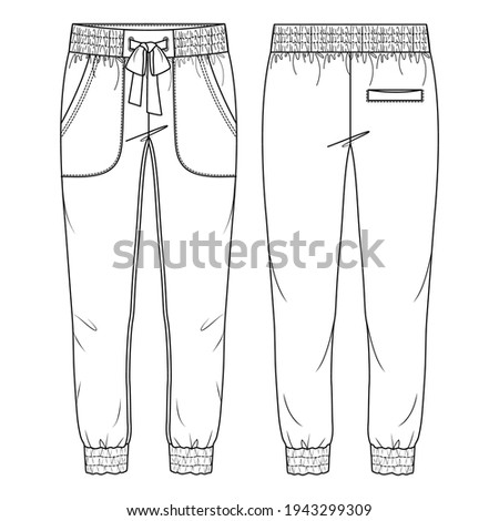 Women Jogger Pant Vector Fashion Flat Sketches. Fashion Technical Illustration Template. Front Apply pockets. Elastic waist