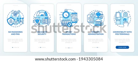 Biometric payment benefits onboarding mobile app page screen with concepts. Identify user and authorize walkthrough 5 steps graphic instructions. UI vector template with RGB color illustrations Royalty-Free Stock Photo #1943305084