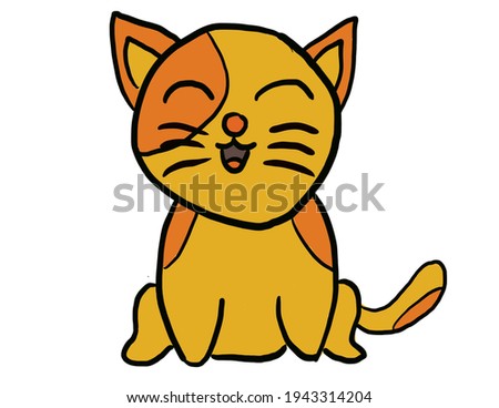 Hand draw illustration yellow cute cat with smile on white background.