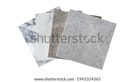 white and grey tile samples collection isolated on white background with clipping path. luxury marble and stone ceramic tile use as interior material for flooring ,counter top ,back splash works. Royalty-Free Stock Photo #1943324365