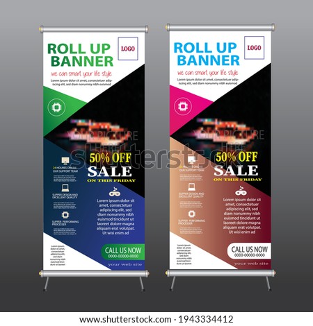 COMPUTER  ROLL UP BANNER WITH MOCKUP COLOR FULL DESIGN,  GRADIENT COLOR.