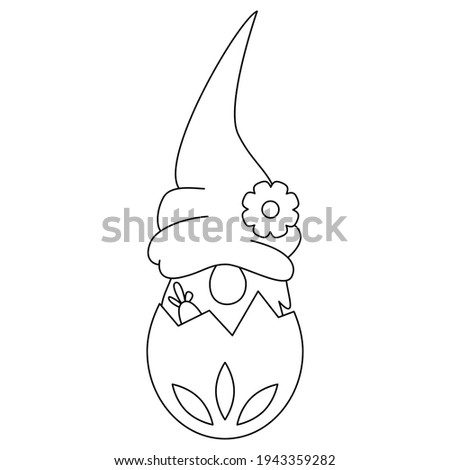 Hand drawn Minimal line art Gnomes in decor egg. Easter Spring Season, simple line art drawing illustration clipart, stamp for scrapbook, kid craft, coloring. Vector EPS10
