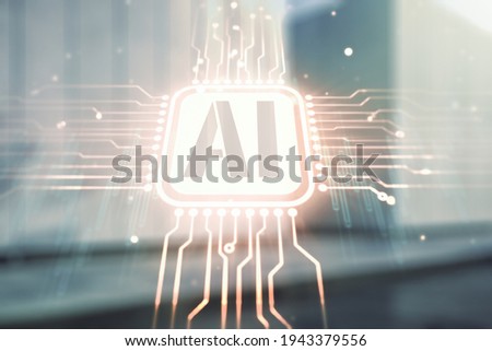 Abstract virtual artificial Intelligence symbol hologram on blurry modern office building background. Multiexposure