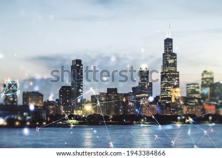 Abstract virtual wireless technology hologram on Chicago skyline background. Big data and database concept. Multiexposure