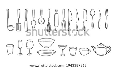 Set of kitchen cutlery in a hand-drawn sketch. Cooking utensils in doodle style. Household tools, utensils, glasses, plates, cutlery. Clip art collection. isolated on white vector illustration