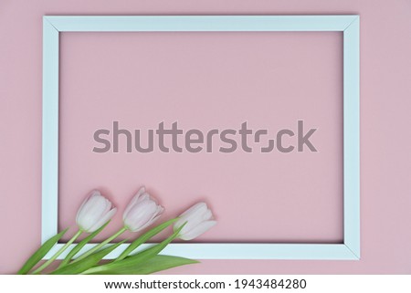 White tulips with blank picture frame on light pink background. Holiday postcard for Women's Day or Mother's Day or Sale concept. Floral spring background with copy space