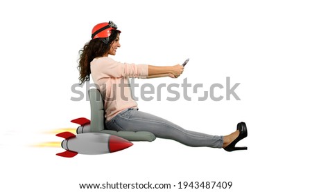 Woman drives fast with rockets under the chair. concept of having the turbo Royalty-Free Stock Photo #1943487409