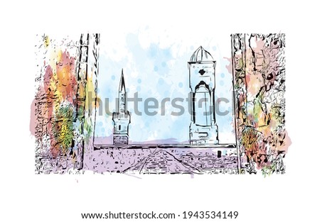 Building view with landmark of Diyarbakır is the 
city in Turkey. Watercolour splash with hand drawn sketch illustration in vector.
