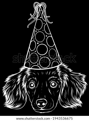 white silhouette of cute little puppy with party hat on black background