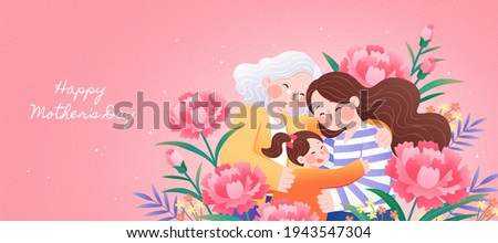 Three generations all together celebrating happy mother's day with arms holding each others and be surrounded by carnation flowers Royalty-Free Stock Photo #1943547304