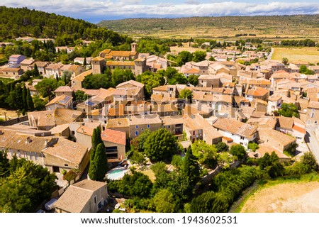 General view of commune of Fontcouverte in green valley of Alaric Mountain in southern France, Aude department