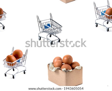 Seamless pattern. Carton box and shopping carts with brown eggs isolated on white background. Easter time concept