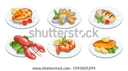 Seafood meals set in cartoon style. Squid, shrimp, calamari, fish, mussels with lemon, green salad and tomatoes on plate. Isolated vector illustration.