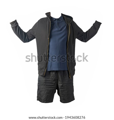 black sweatshirt with iron zipper hoodie, dark blue t-shirt and black sports shorts isolated on white background. casual sportswear