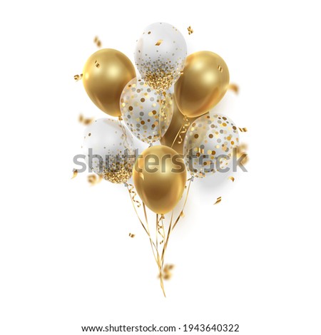 Bouquet, bunch of realistic transparent, golden ballons and gold ribbons, serpentine, confetti. Vector illustration for card, party, design, flyer, poster, decor, banner, web, advertising.  Royalty-Free Stock Photo #1943640322