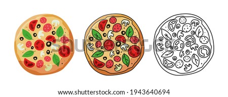 Pizza Set Design Image. Pizza Vector Set on white background. Colored and uncolored Pizza with tomato, cheese, olive, sausage, basil. Traditional italian food. Top view. European snack. Isolated
