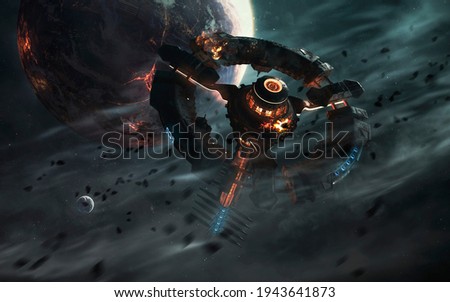 Futuristic space station orbiting planet. Sci-fi wallpaper. This image elements furnished by NASA