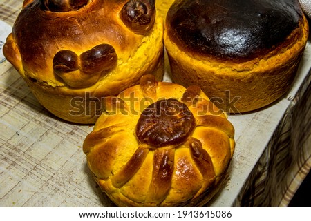 Traditional Ukrainian paska bread .Ukrainian Easter cakes.Traditional forms and decoration of Easter bread (Paska).