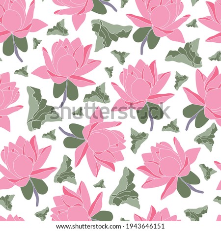 Vector pink lotus flower with petal seamless pattern background on white surface