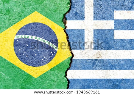 Grunge Brazil VS Greece national flags icon pattern isolated on broken cracked wall background, abstract international political relationship friendship divided conflicts concept texture wallpaper