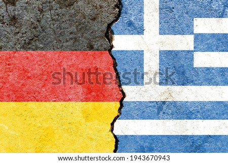 Grunge Germany VS Greece national flags icon isolated on broken cracked wall background, abstract Germany Greece politics relationship divided conflicts concept wallpaper