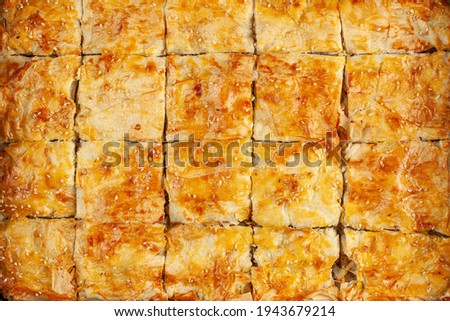 Top view of a tray of traditional Turkish kiymali borek. Sliced into square shaped pieces. Useful for backdrop and texture. Delicious homemade authentic recipe made with Phyllo dough sheets