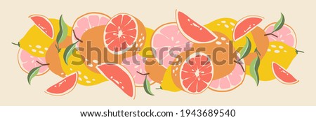 Abstract fruits. Composition citrus fresh. Lemon and grapefruit. Healthy food for vegan in modern style, colorful fruit vector set. Horizontal illustration. Border line. Vitamin C Royalty-Free Stock Photo #1943689540
