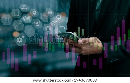 Businessman using smartphone and web design and programming interface icons, digital marketing concept.