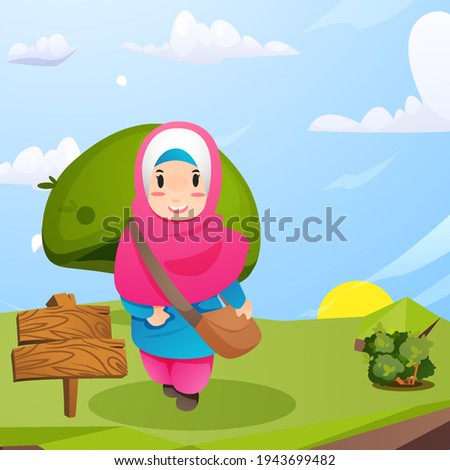 Back to school. Muslim children use the hijab to go to school cartoon