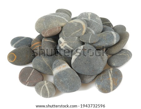 Grey pebbles isolated on white background. Grey sea stones with white stripes isolated on white. Studio shot.