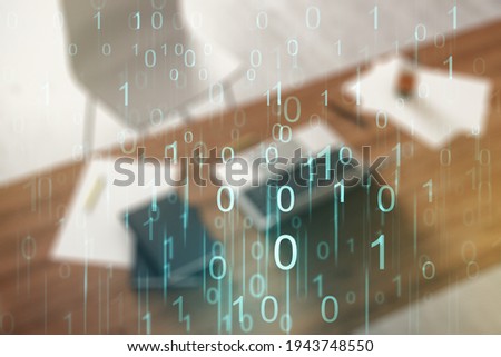 Creative abstract binary code hologram and modern desktop with pc on background, AI and machine learning concept. Multiexposure