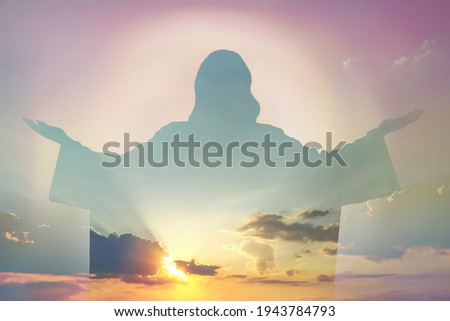 Silhouette of Jesus Christ and cloudy sky, double exposure Royalty-Free Stock Photo #1943784793