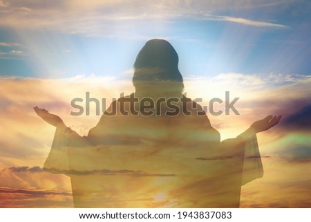 Silhouette of Jesus Christ and cloudy sky, double exposure Royalty-Free Stock Photo #1943837083