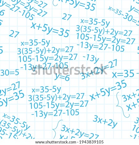 Seamless pattern with randomly placed mathematical equations on a sheet of squared paper. Vector illustration