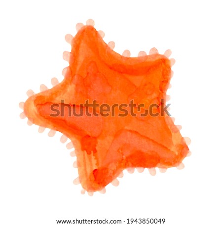 Orange sea star watercolor isolated illustration. Aquatic creature icon. Five armed starfish. Animals living in water, on the bottom of ocean. Closeup top view.
