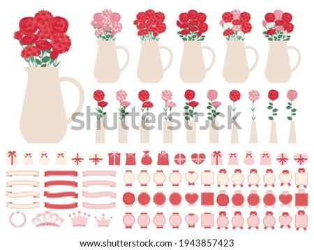 Illustration set of vases with carnations and roses. Flowers for Mother's Day.