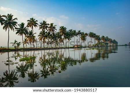Morning Landscape from Kumarakom backwaters with coconut tree and reflection in water,Kerala Royalty-Free Stock Photo #1943880517