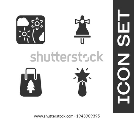Set Christmas star, Firework rocket, shopping bag and Merry ringing bell icon. Vector
