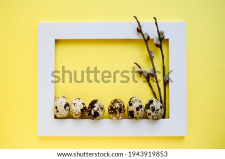 Row of quail eggs in white wooden frame and willow branches on yellow background with copy space. Happy Easter concept.