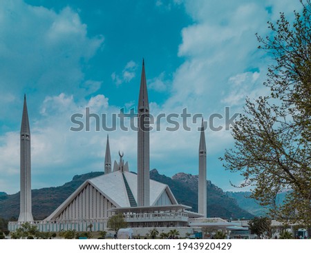 Beautiful cloudy evening at the iconic Shah Faisal Mosque Islamabad, Pakistan