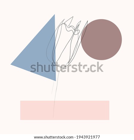 One line with minimal shapes, patterns, tropical leaves and flower. Abstract illustration for fashion design, modern cover, poster, template in minimal flat style
