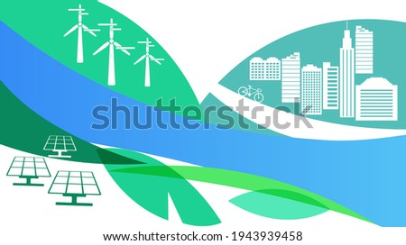 Green energy and green city. A city on a hill, solar panels, windmills. Flat vector illustration.