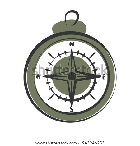 Vintage magnetic compass hand drawn with outlines on white background. Windrose symbols, touristic instrument for navigation, orientation, destination finding and travel. Vector illustration.