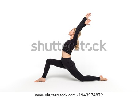 girl practices yoga.
Yoga poses. The girl is engaged in yoga on a white background. Health, sports, yoga.
