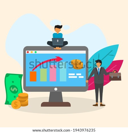 online investment via computer, flat illustration vector graphic