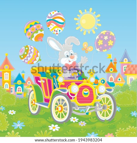 Little Easter Bunny friendly smiling, waving in greeting and driving a colorful toy retro car decorated with bright holiday balloons on a sunny spring day, vector cartoon illustration