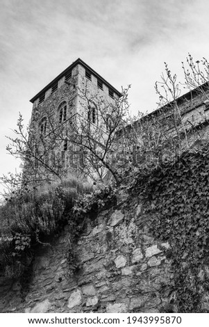 View of chateau de valere, sion, switzerland. Black and white picture.